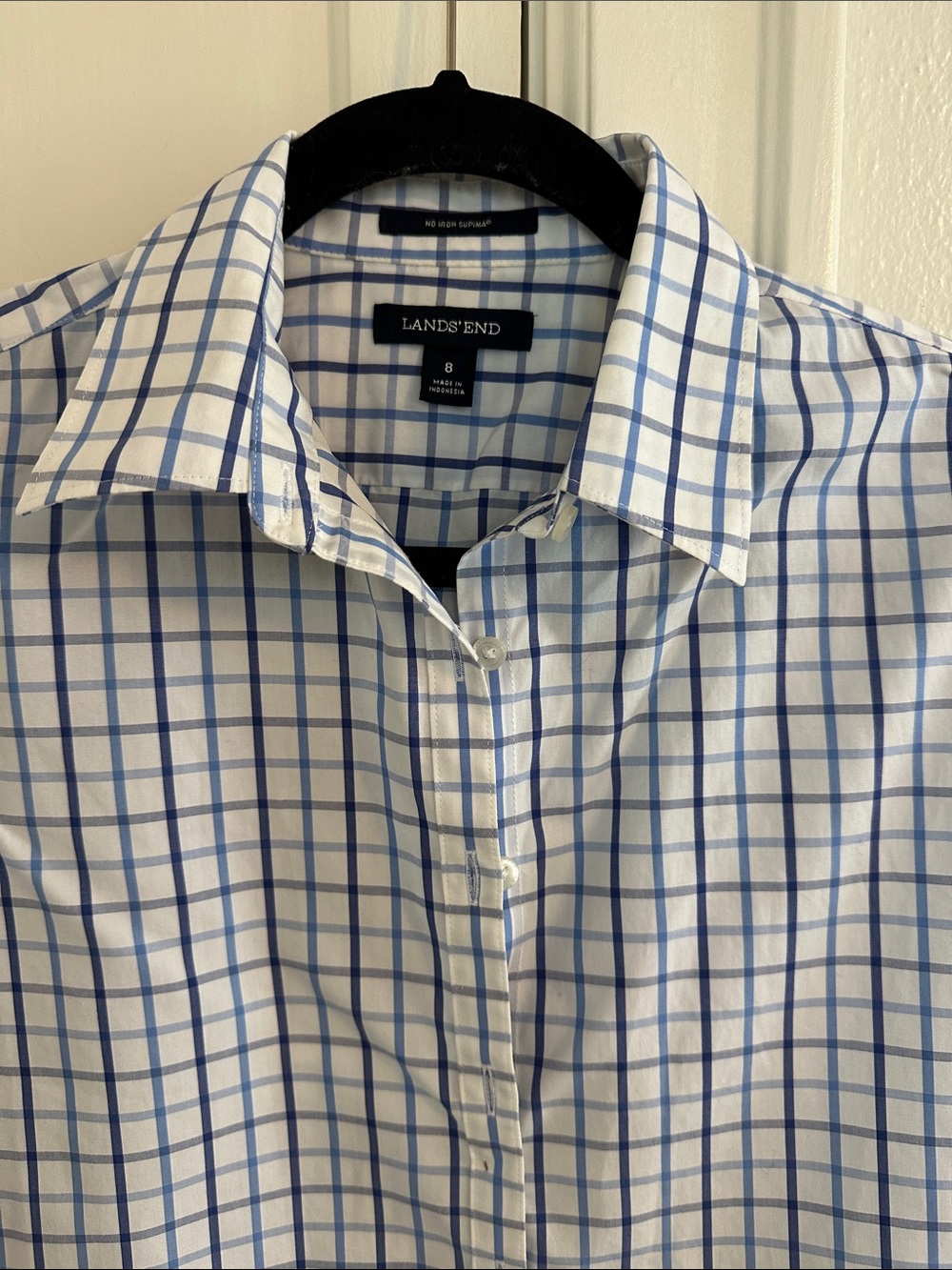 Lands' End Women's White Dress Shirt with Blue Windowpane